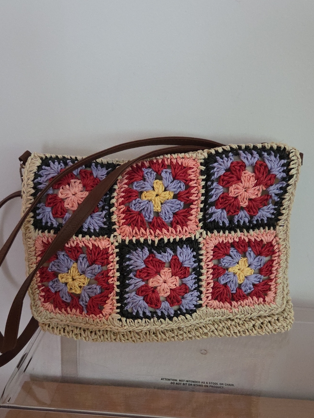 Handmade Crochet Patchwork Crossbody Bag in Red, Purple & Cream...NWOT